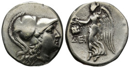 PAMPHYLIA, Side. Circa 200-190 BC. AR Tetradrachm (16.8 Gr. 33mm.) 
 Head of Athena right, wearing crested Corinthian helmet. 
Rev. Nike advancing lef...