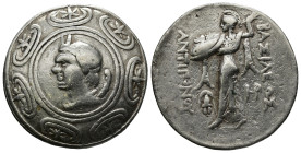 Antigonos II Gonatas, 277 – 239. Tetradrachm, Amphipolis 271-265, AR (17.1 Gr. 31mm.)
 Macedonian shield decorated in centre with head of Pan l., with...