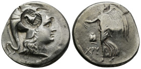PAMPHYLIA. Side. Circa 205-100 BC. Tetradrachm ( 17Gr. 35mm). 
 Head of Athena to right, wearing crested Corinthian helmet; on helmet, countermark: bo...