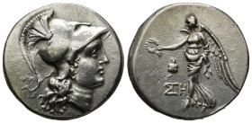 PAMPHYLIA, Side. Circa 205-100 BC. AR Tetradrachm (17.3 Gr. 34mm.)
 Head of Athena right, wearing crested Corinthian helmet 
Rev. Nike advancing left,...