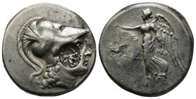PAMPHYLIA. Side. Circa 205-100 BC. Tetradrachm (16.8 Gr. 34mm.) 
Head of Athena to right, wearing crested Corinthian helmet; on cheek, countermark: bo...