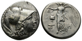 PAMPHYLIA. Side. Circa 205-100 BC. Tetradrachm (16.9 Gr. 34mm.) 
 Head of Athena to right, wearing crested Corinthian helmet; on helmet. 
 Rev. Nike a...