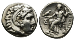 Kings of Macedon. Kolophon. Alexander III "the Great" 336-323 BC. Drachm AR (4.4 Gr. 21 mm.)
 Head of Herakles right, wearing lion skin 
Rev. AΛΕΞΑΝΔΡ...