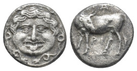 Mysia, Parion AR Hemidrachm. (13mm, 2.4 g) Circa 400-300 BC. Gorgoneion with protruding tongue, serpents around / Bull standing left, head reverted; Π...