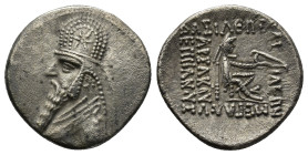 Kings of Parthia, Mithradates II AR Drachm. (19mm, 4.2 g) Ekbatana(?), circa 96/5-93/2 BC. Diademed and draped bust to left, wearing tiara decorated w...