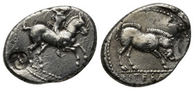 PAMPHYLIA, Aspendos. Circa 420-360 BC. AR Drachm (21mm, 5.5 g). Warrior, preparing to cast spear, on horse rearing right / Boar standing right, head l...