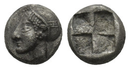 Ionia. Phokaia circa 521-478 BC. Diobol AR (8mm, 1.4 g). Archaic female head left, wearing earring and helmet or close fitting cap / Incuse square pun...