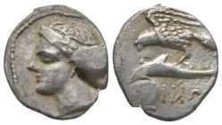 PAPHLAGONIA. Sinope. Ca. 330-300 BC. AR drachm (19mm, 4.8 g). Uncertain magistrate. Head of nymph left, with hair in sakkos / Sea eagle left on dolphi...