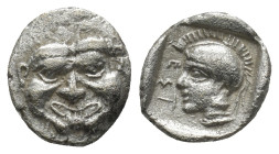 Pamphylia, Aspendos AR Obol. (10mm, 1.3 g) c. 420-360. Gorgoneion / Helmeted head of Athena l.