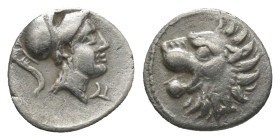 Pamphylia. Side circa 250-150 BC. Obol AR (10mm, 0.9 g) Head of Athena to right; wearing corinthian helmet. / Head of roaring lion left.