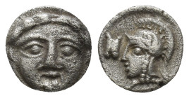 Pisidia, Selge AR Obol. (9mm, 1.0 g) Circa 3rd Century BC. Gorgoneion / Helmeted head of Athena left; astragalos before.