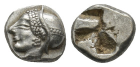Ionia. Phokaia circa 521-478 BC. Diobol AR (8mm, 1.5 g). Archaic female head left, wearing earring and helmet or close fitting cap / Incuse square pun...