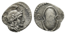 Cilicia. Tarsos . Balakros, Satrap of Cilicia. 333-323 BC. Obol AR (10mm, 0.6 g). Head of Athena to right, wearing crested Attic helmet / Boeotian shi...