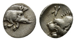 Mysia, Kyzikos AR Obol. Circa 450-400 BC. ( 0.3 Gr. 12mm.)
Forepart of boar to right, tunny upward to right 
Rev. Head of roaring lion to left; retrog...