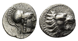 PISIDIA, Selge. Circa 350-300 BC. AR Obol. (0.7 Gr. 15mm.)
Head of Athena to left, wearing crested Corinthian helmet. Rev: Head of a lion to left.