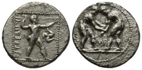 PAMPHYLIA, Aspendos. Circa 380/75-330/25 BC. AR Stater (10.7 Gr. 28mm). 
Two wrestlers grappling 
Rev. Slinger in throwing stance right; triskeles to ...