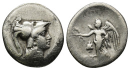 PAMPHYLIA, Side. Circa 205-100 BC. AR Drachm (4.1Gr. 23mm.)
 Helmeted head of Athena right. 
Rev. Nike advancing left, holding wreath; pomegranate to ...