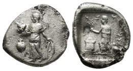 PAMPHYLIA, Side. Circa 400-380 BC. AR drachm (3.5 Gr. 20mm.).
Athena standing left, holding owl and shield; pomegranate to left
Rev. Apollo standing...