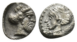CILICIA, Nagidos. Circa 400-380 BC. AR Obol (9mm, 0.4 g). Bearded head of Dionysos right. / Head of Aphrodite left, hair in sphendone.