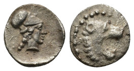PAMPHYLIA. Side. (3rd-2nd centuries BC). AR Obol. (10mm. 0.9 g) Obv: Helmeted head of Athena right. Rev: Head of lion right with open mouth.