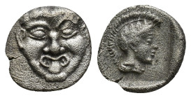 Pamphylia, Aspendos. Circa 420-360 BC. Obol AR (10mm, 1.1 g). Facing gorgoneion / Helmeted head of Athena right.