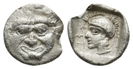Pamphylia, Aspendos. Circa 420-360 BC. Obol AR (14mm, 1.2 g). Facing gorgoneion / Helmeted head of Athena right.