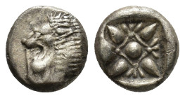 IONIA, Miletos. Late 6th-early 5th century BC. AR Diobol (9mm, 1.4 g). Forepart of lion right, head left / Stellate design within incuse square.