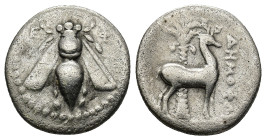 Ionia, Ephesos AR Drachm. (17mm, 4.1 g) Circa 202-195 BC. Demophon, magistrate. Bee with straight wings / Stag standing right before palm; ΔΗΜΟΦΩΝ to ...