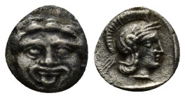 Pamphylia, Aspendos. Circa 420-360 BC. Obol AR (10mm, 1.0 g). Facing gorgoneion / Helmeted head of Athena right.
