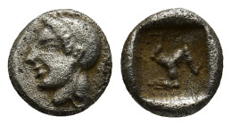 Pamphylia. Aspendos circa 465-430 BC. Obol AR (8mm, 1.0 g) Helmeted head of Athena? left / Triskeles, within incuse square.