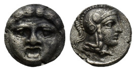 Pamphylia, Aspendos. Circa 420-360 BC. Obol AR (9mm, 1.1 g). Facing gorgoneion / Helmeted head of Athena right.