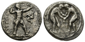 PAMPHYLIA, Aspendos. Circa 400-370 BC. AR Stater (23mm, 10.5 g). Slinger to right; triskeles in field. / Two wrestlers grappling.