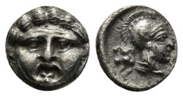 Pisidia, Selge AR Obol. (9mm, 1.2 g) Circa 350-300 BC. Gorgoneion / Helmeted head of Athena right; astragalos behind.