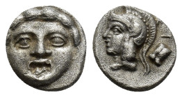 Pisidia. Selge circa 300-200 BC. Obol AR (10mm, 1.2 g) Gorgoneion / Helmeted head of Athena left, astragalos behind.