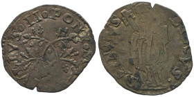 Giulio II 1503-1513
Quattrino, Mi 0.55 g.
Ref : MIR 568/1
Conservation : TB