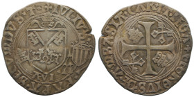 Giulio II 1503-1513
Dozzina (Douzain), Avignone, AG 2.45 g.
Ref : MIR 574/1 Munt. 80, Berman 626 
Conservation : TTB. Très Rare.