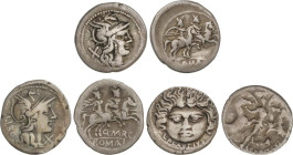 Lote 3 monedas Denario. ANÓNIMA, MARCIA, PLAUTIA. AR. A EXAMINAR. FFC-7, 848, 1004. MBC- a MBC.