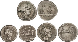Lote 3 monedas Denario. CIPIA, RUTILIA, VOLTEIA. AR. A EXAMINAR. FFC-563, 1096, 1231. MBC- a MBC.
