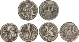 Lote 3 monedas Denario. FABIA, PINARIA, SAUFEIA. AR. A EXAMINAR. FFC-693, 965, 1099. MBC- a MBC+.