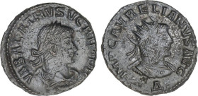 Antoniniano. 271-272 d.C. AURELIANO y VABALATO. Anv.: VABALATHVS V. C. R. IM. D. R. Busto de Vabalato laureado a derecha. Rev.: IMP. C. AVRELIANVS AVG...