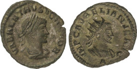 Antoniniano. 271-272 d.C. AURELIANO y VABALATO. Anv.: VABALATHVS V. C. R. IM. D. R. Busto de Vabalato laureado a derecha. Rev.: IMP. C. AVRELIANVS AVG...