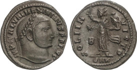 Follis. 310-313 d.C. MAXIMINO DAZA. CYZICUS. Anv.: IMP. C. GAL. VAL. MAXIMINVS P. F. AVG. Busto laureado a derecha. Rev.: SOLI INVICTO. Sol estante a ...