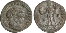Follis. 312 d.C. MAXIMINO II. ANTIOQUÍA. Rev.: GENIO AVGVSTI. Genio en pie a izquierda sosteniendo cabeza radiada de Sol y cornucopia, * / A en campo....