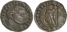 Follis. 313-316 d.C. CONSTANTINO I. TESALÓNICA. Rev.: IOVI CONSERVATORI AVGG NN. En exergo: TSE. Júpiter en pie a izquierda con cetro y Victoria, a su...