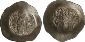 Aspron Trachy. MANUEL I (1143-1180 d.C.). CONSTANTINOPLA. Anv.: Cristo entronizado de frente, a los lados IC - XC. Rev.: Manuel I y la Virgen en pie d...