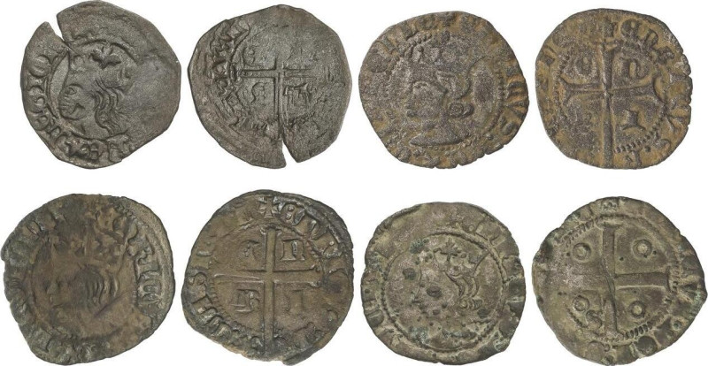 Lote 4 monedas Cruzado. ENRIQUE II. SIN MARCA DE CECA (3), SEVILLA. Ve. A EXAMIN...