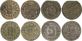 Lote 4 monedas 16 Maravedís. 1662, 63(2), 64. CORUÑA. A EXAMINAR. AC-451, 453(2), 455. MBC a EBC-.
