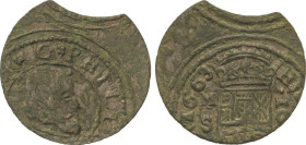 16 Maravedís. 1663. MADRID. S. 3,9 grs. Error de acuñación: final de riel y descentrada. AC-475. MBC-.