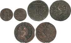 Lote 3 monedas 1 Diner y Sisé (2). BARCELONA. AE. Diner Lluis XIII (1643?), Sisé Principat 1641 y Sisé Lluis XIV 1651. A EXAMINAR. AC-28, 38 y 55. BC ...