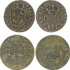 Lote 2 monedas Treseta y 2 Maravedís. 1710 y 1720. VALENCIA y BARCELONA. AC-9 y 54. MBC-.